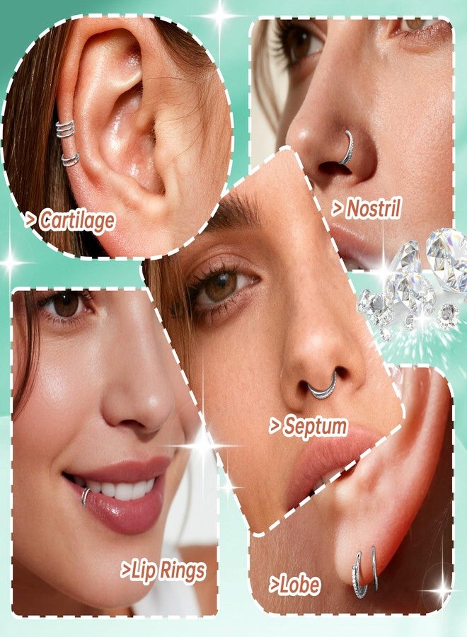 davka 3pcs Silver Nose Rings Hoops - Double Hoop Nose Ring 18G Hinged CZ Piercing Jewelry Septum Clicker Rings Cartilage Earring Rook Tragus Daith - Image 5